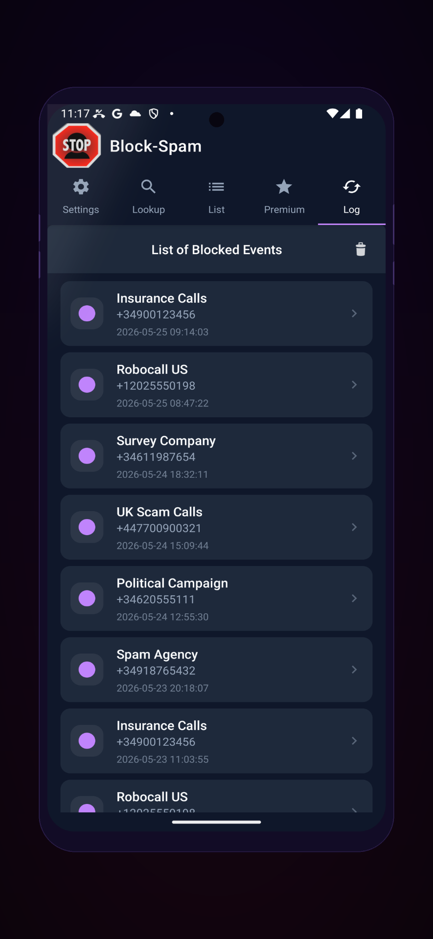 Blocked Calls Log